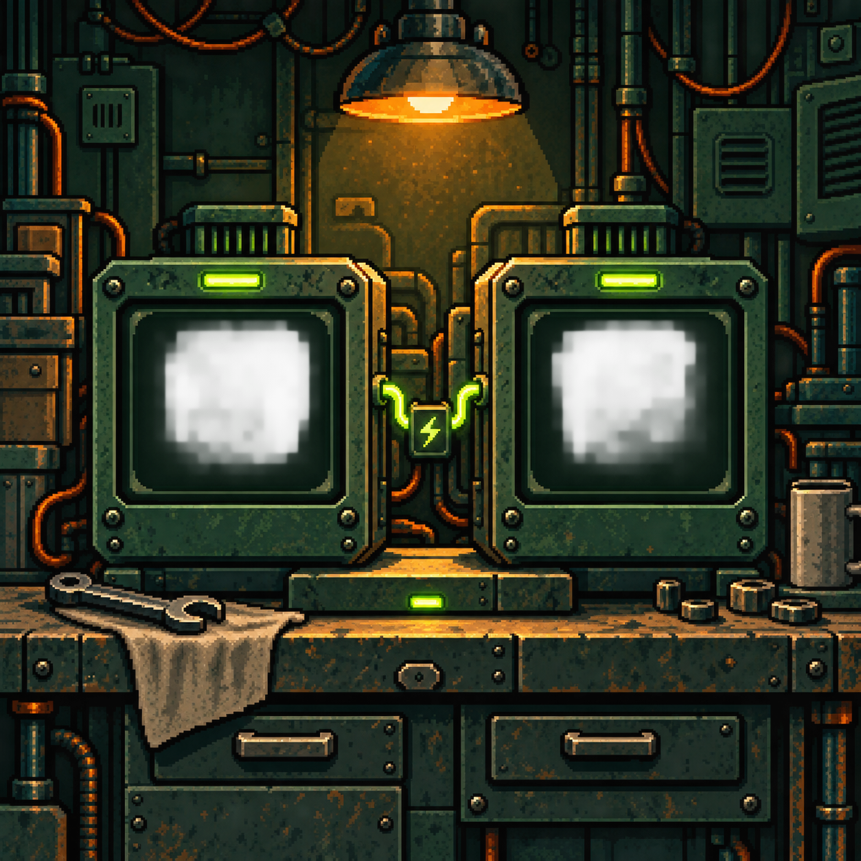 Pixel workshop with two connected mining monitors under an amber lamp